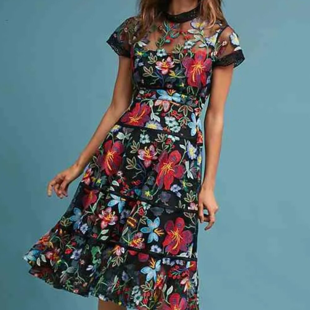 Anthropologie Vone Janine Embroidered Floral Mesh Midi Dress Size 4